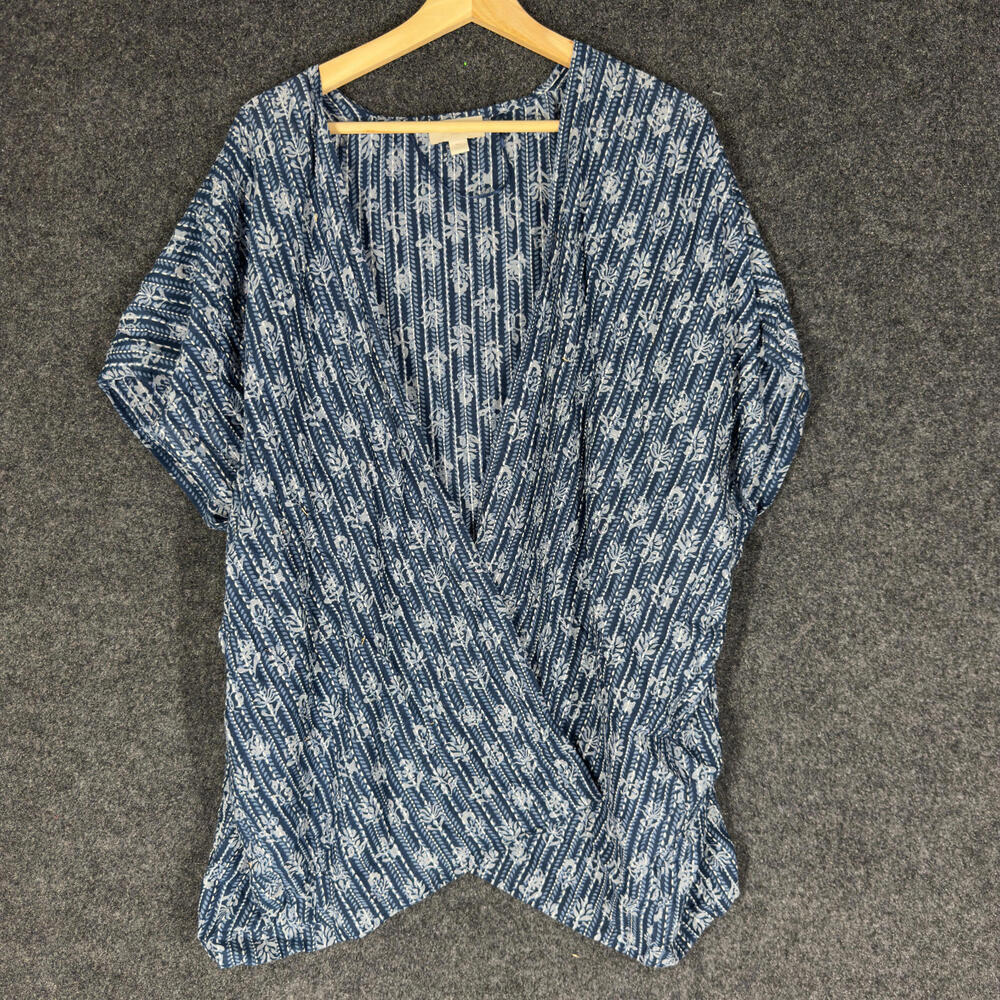 Loft Top Women M/L Blue Striped Open Front Short Sleeve Cotton Breathable Casual